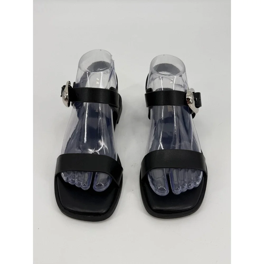 Cushionaire Womens Black Square Toe Sandals Silver Buckle Ankle Strap Size 7M
